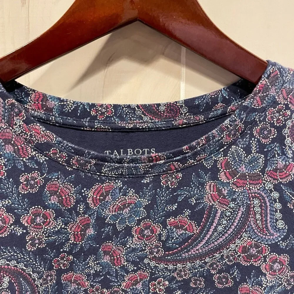 Cute cotton stretch Talbots navy floral paisley swirl long sleeve crew neck top - Picture 4 of 9